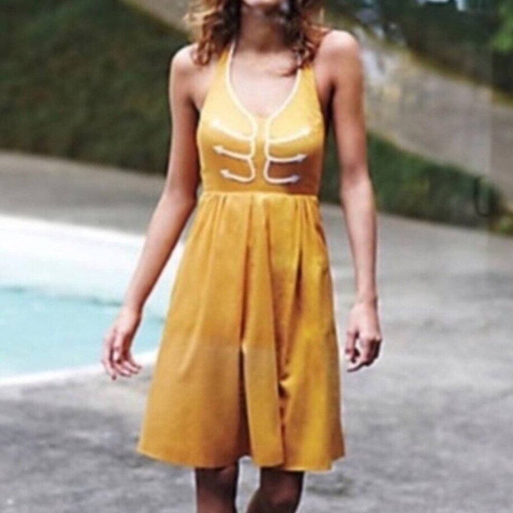 Anthropologie Floreat Anchors Aweigh Nautical Yellow Halter Dress Size 0‎